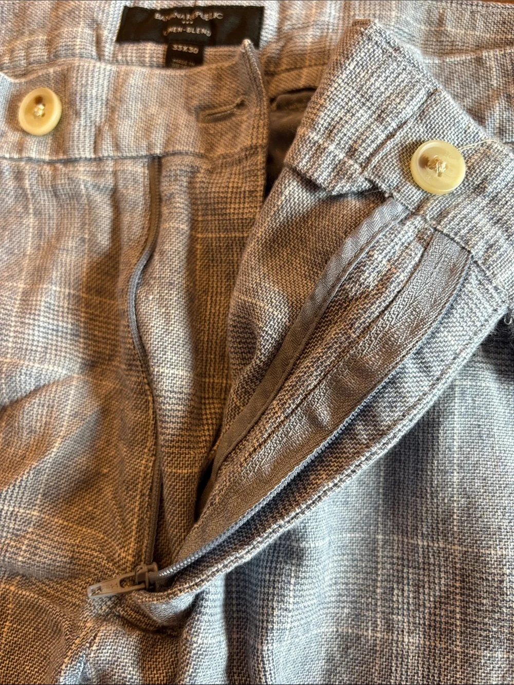 Banana Republic linen-blend trousers in light gray plaid. Subtle
